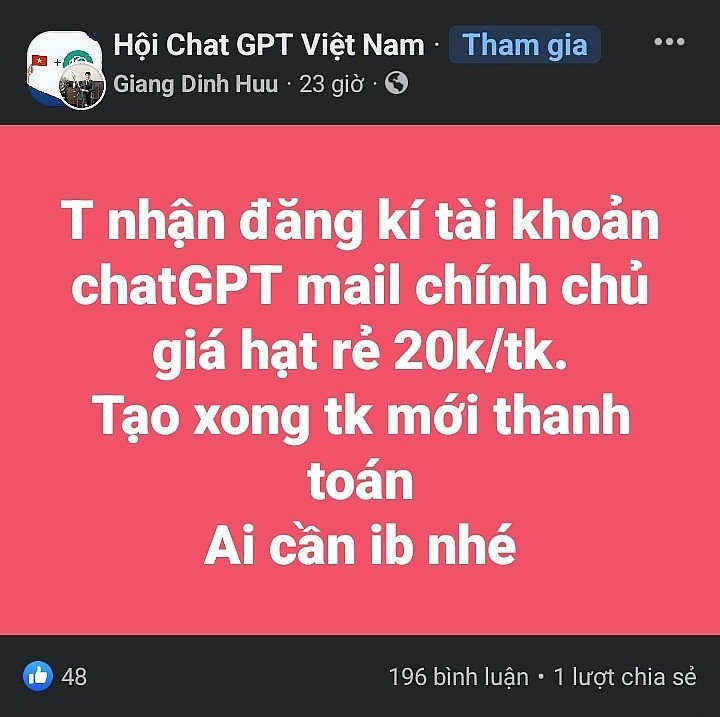 Bùng nổ các nhóm mua bán tài khoản ChatGPT trên mạng xã hội