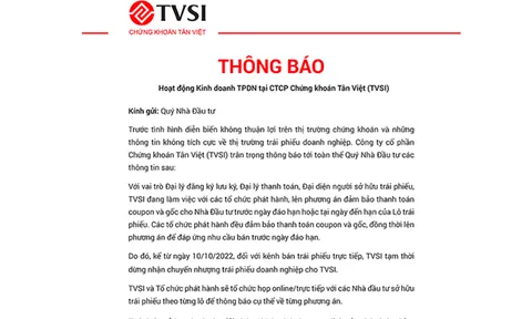 Chứng khoán Tân Việt (TVSI) tạm dừng nhận chuyển nhượng trái phiếu doanh nghiệp từ 10/10
