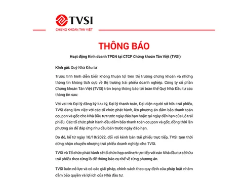 Chứng khoán Tân Việt (TVSI) tạm dừng nhận chuyển nhượng trái phiếu doanh nghiệp từ 10/10